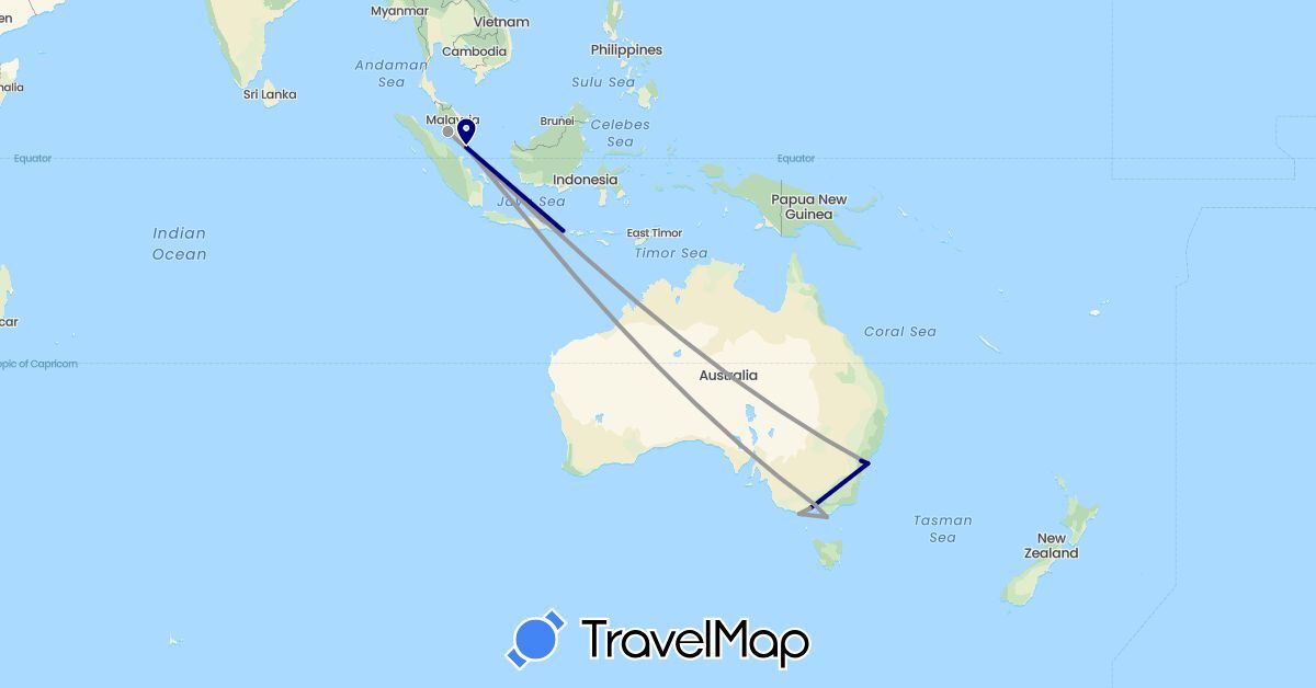 TravelMap itinerary: driving, plane in Australia, Indonesia, Malaysia, Singapore (Asia, Oceania)